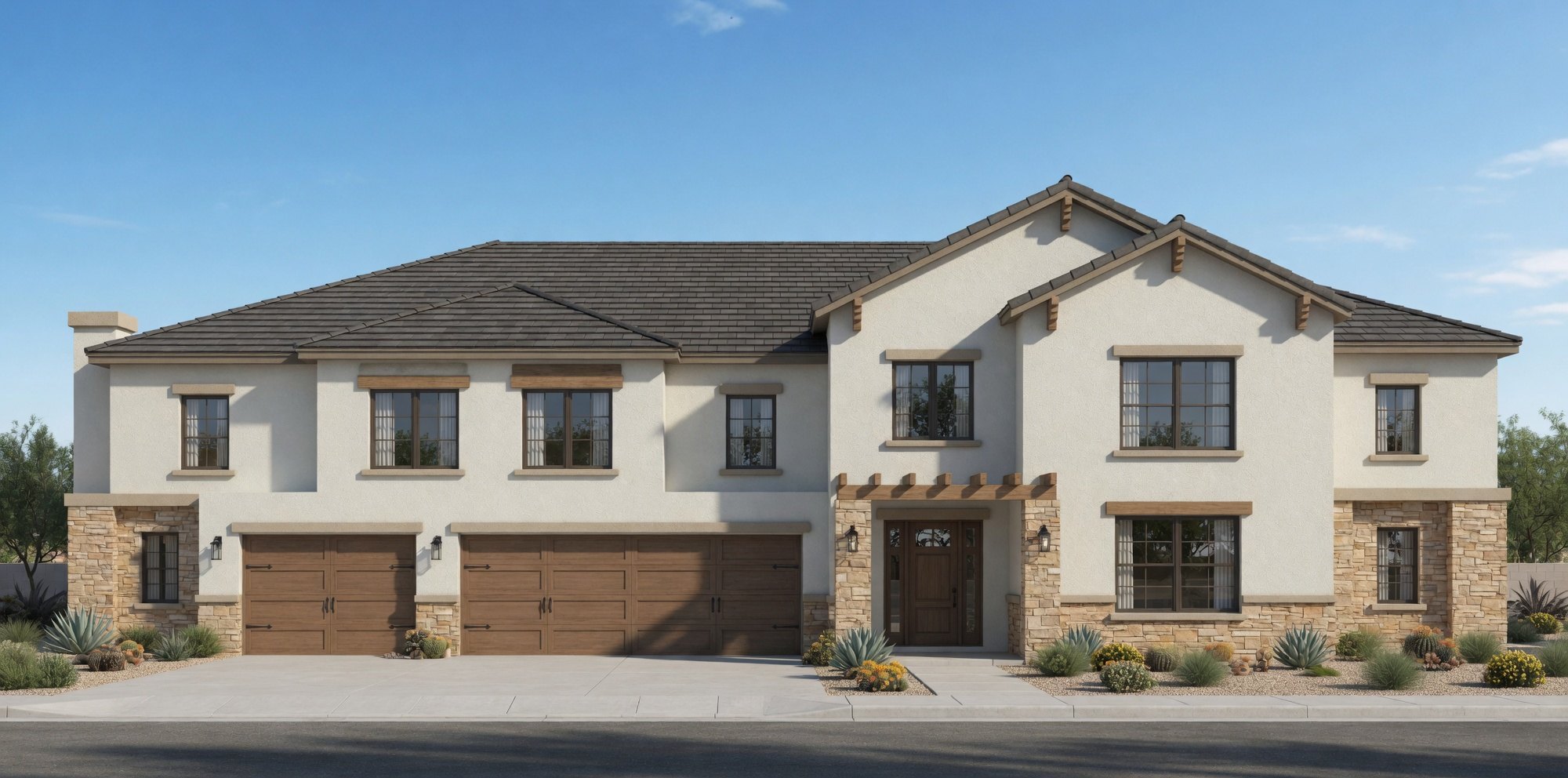 Photorealistic front elevation render of a two-story Spanish-style multifamily building