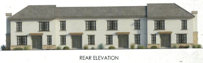Rendered rear elevation strip of an attached townhome building