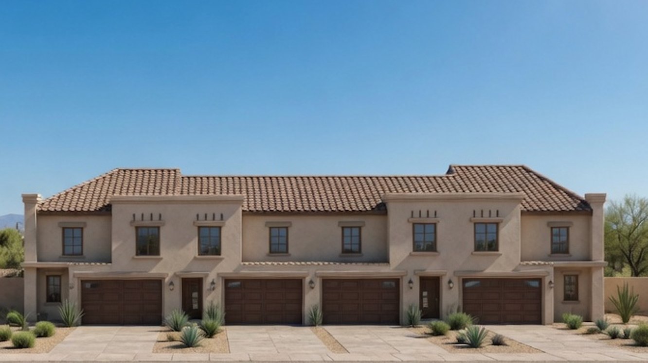 Photorealistic rear elevation render of a Spanish-style townhome row
