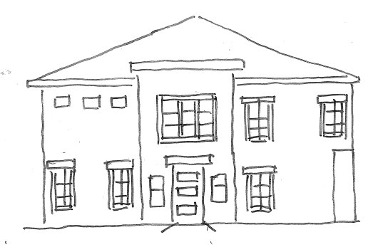Hand-drawn front elevation sketch of a two-story residence